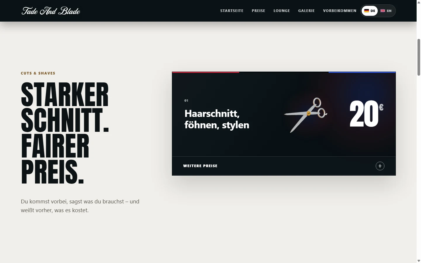 Leistungs- und Preisbereich der Fade-&-Blade-Website
